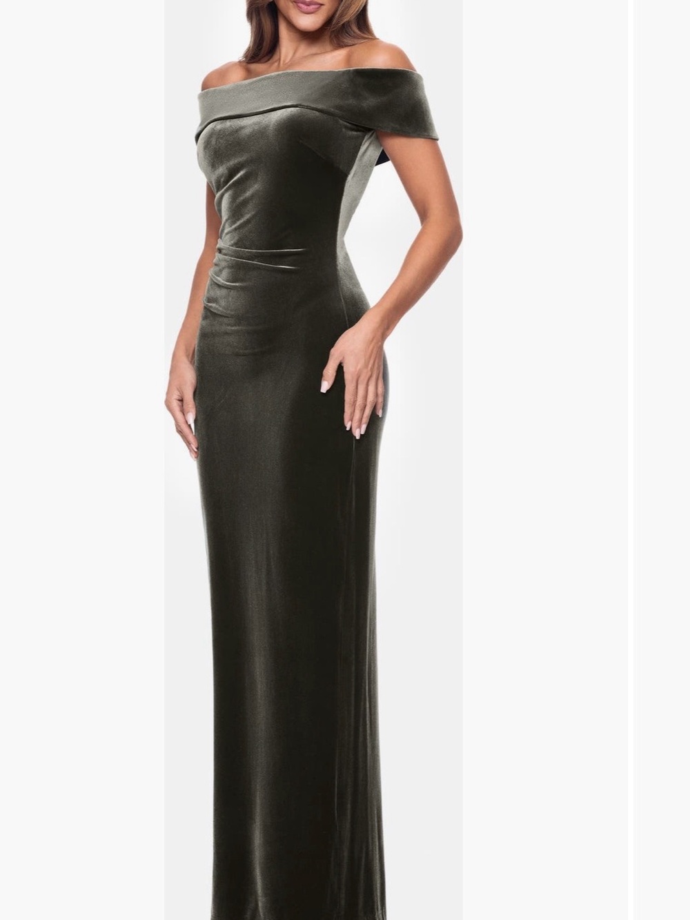 Xscape Olive Green Velvet Strapless Off-Shoulder Gown